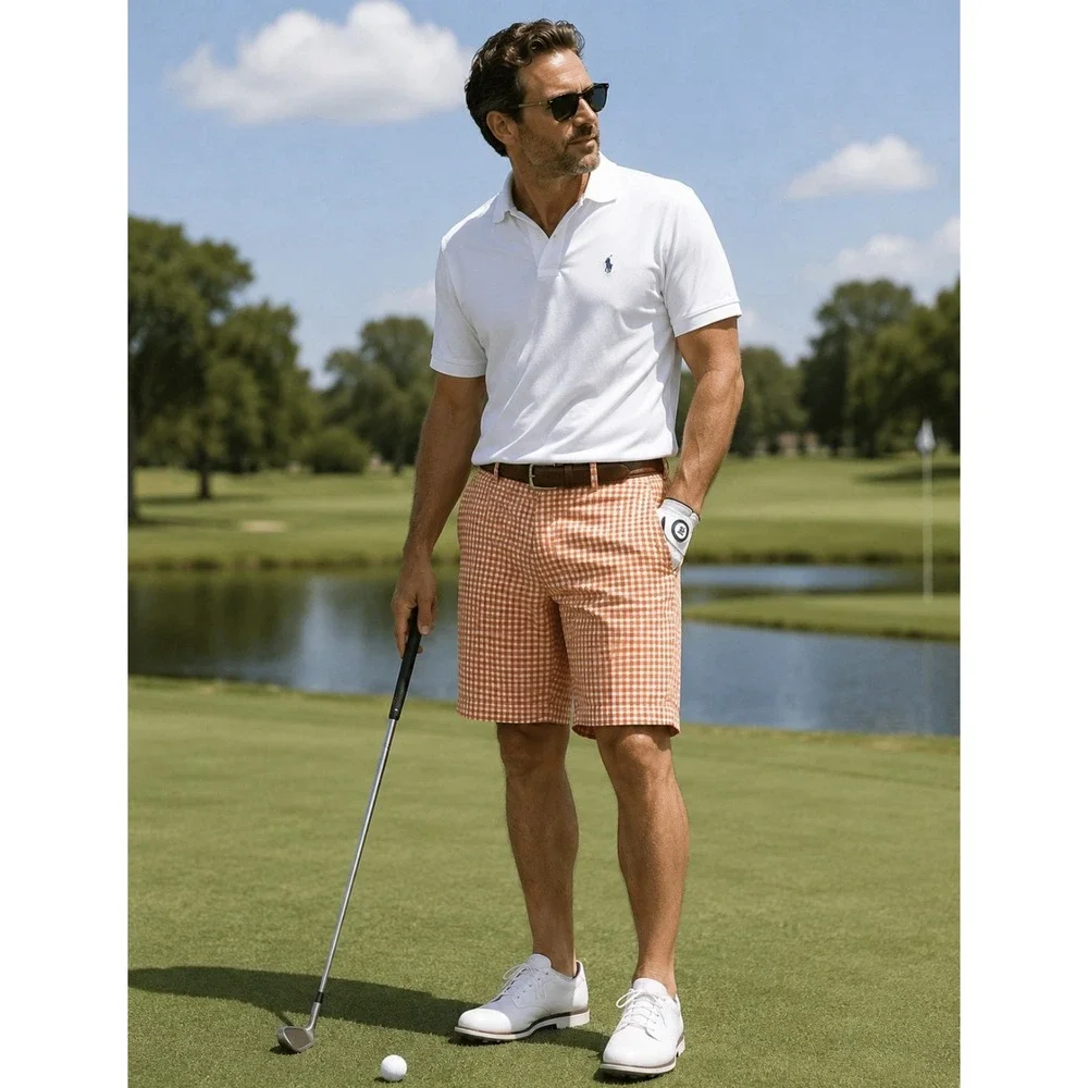 Polo Ralph Lauren Men 34 Suffield Short Relax Orange and White Gingham Pockets